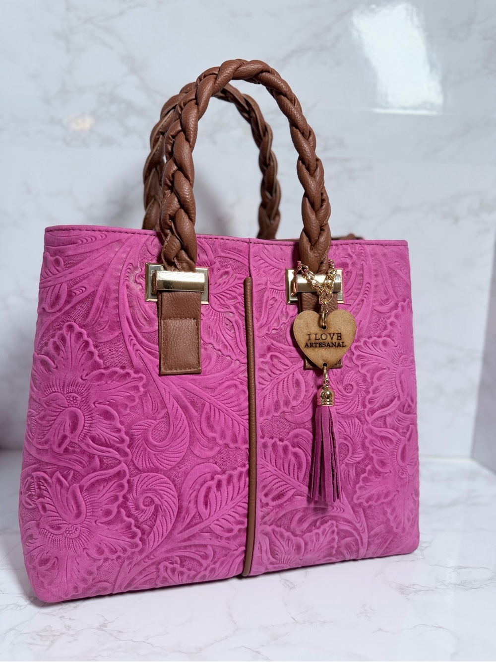 Fuchsia Floral Embossed Leather Tote Bag